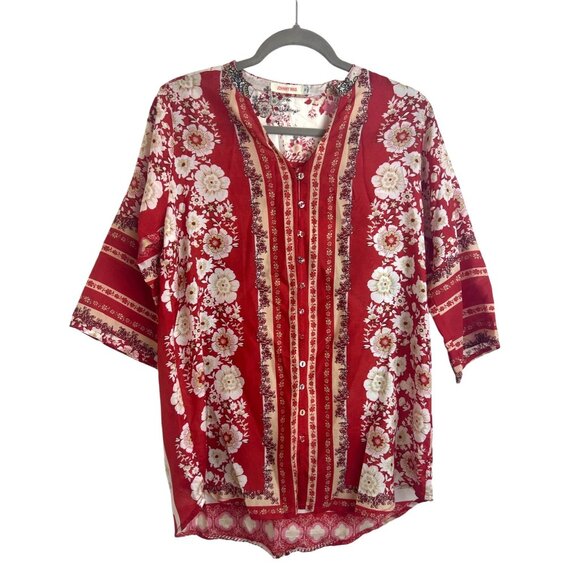 Johnny Was Zoi Women's XS Red Floral Boho Tunic Silk Button-Front 3/4 Sleeves - Picture 3 of 13